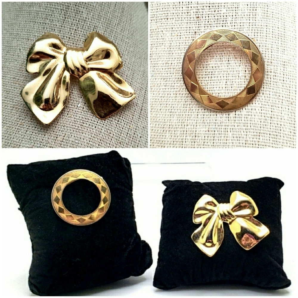 80s Vintage Brooch Pin Lot Gold Tone Etched Diamond Pattern Circle 3D Bow BhL3